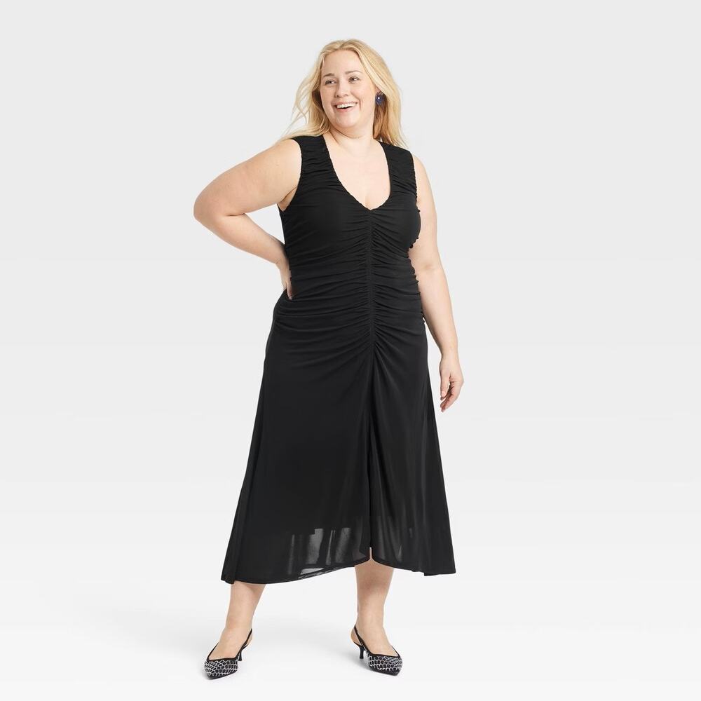 A New Day Dress Womens 4X Black Midi Ruched Lined Sleeveless V Neck Sundress NWT